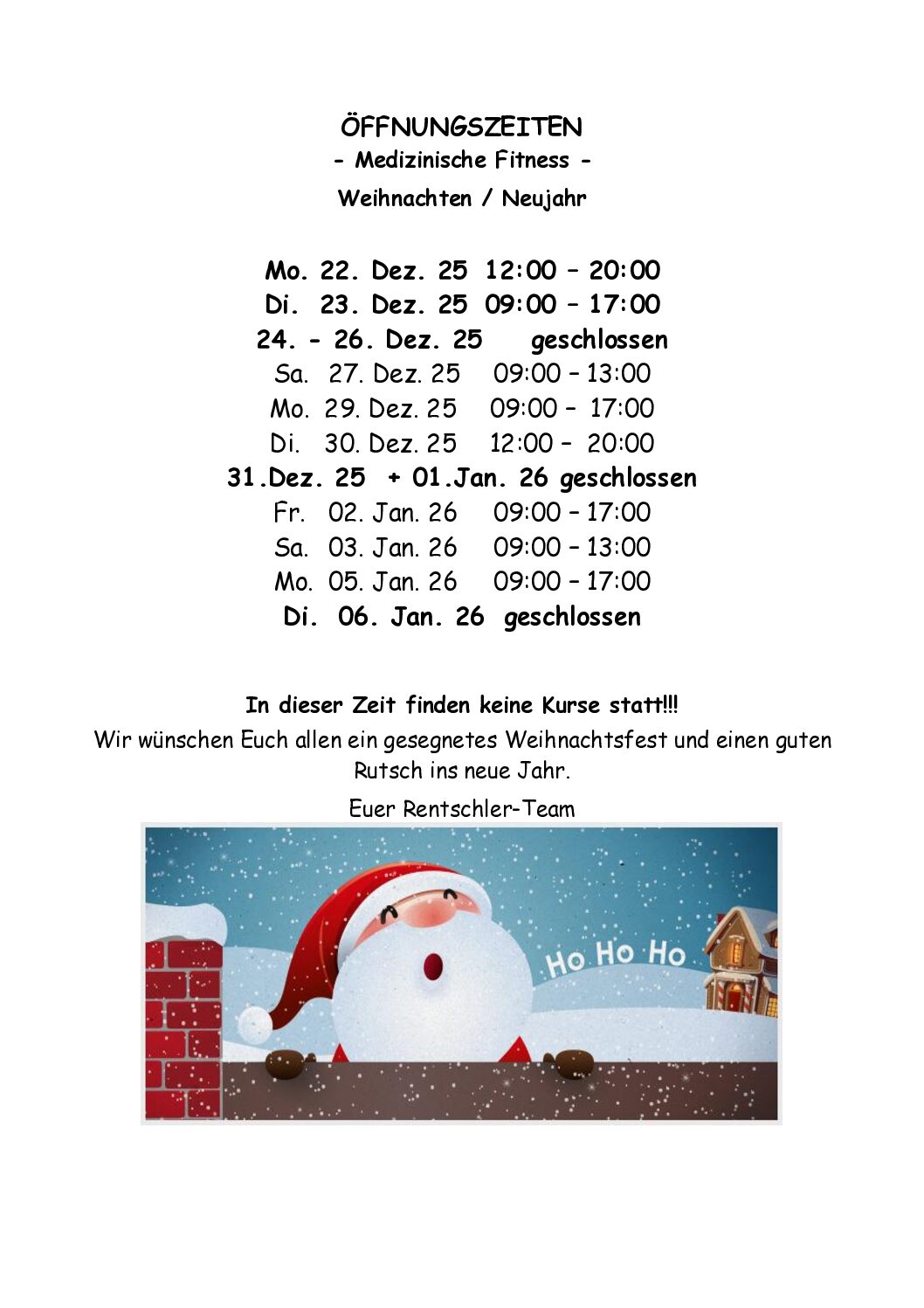 Öffnungszeiten Med. Fitness Weihnachten/Neujahr